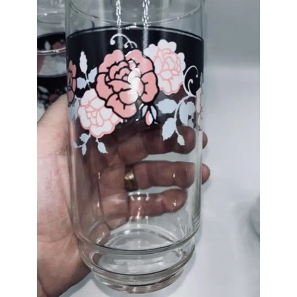 Set of 4 Vintage Corelle (Libby) SILK & ROSES Tumbler Drinking Glasses 5 7/8